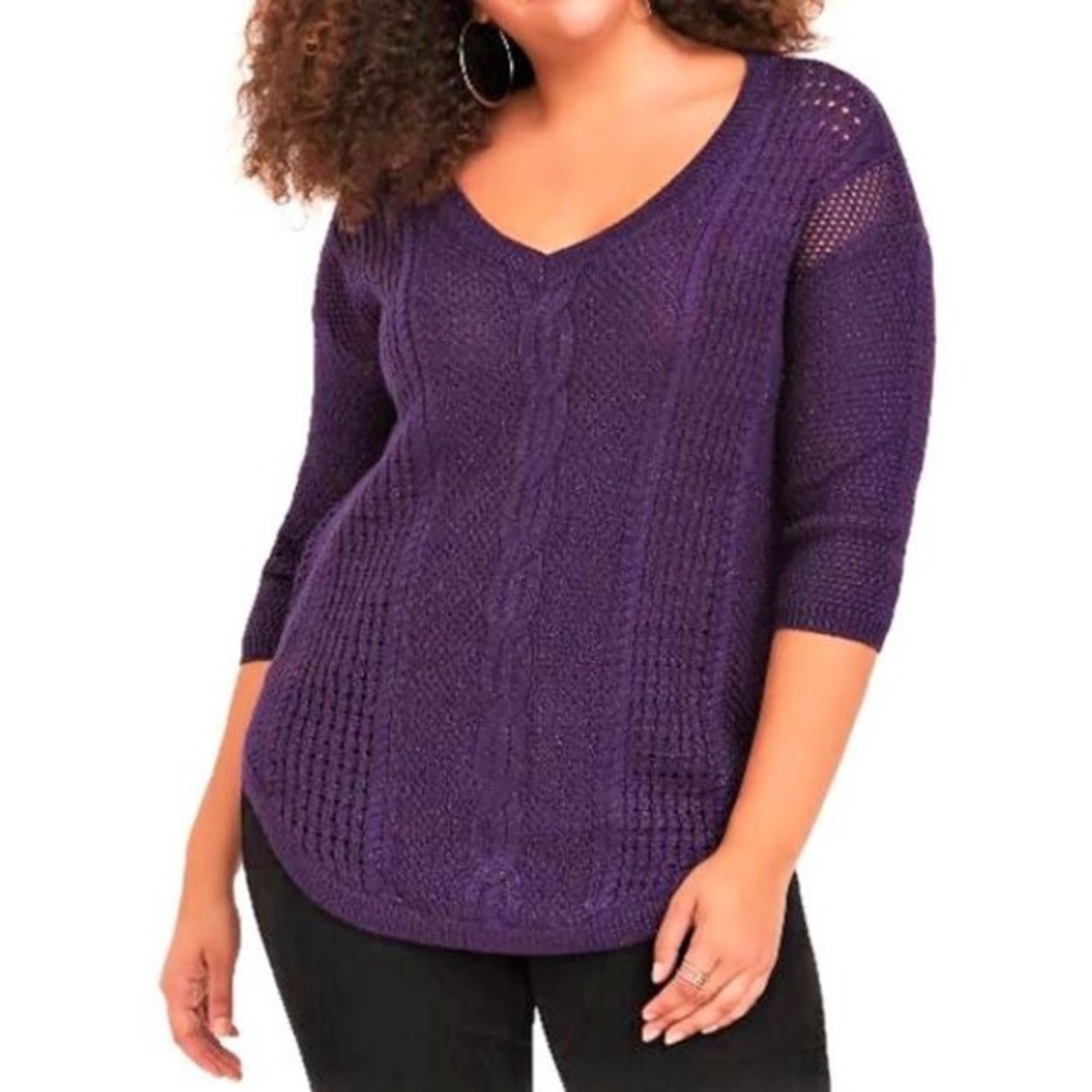 Torrid Lurex Pointelle Tunic Sweater Wool‎ Blend Metallic Purple 0